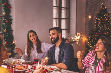 Bir grup arkadaş Noel yemeğinde eğleniyor, maytaplarla el sallıyor ve Noel şarkıları söylüyorlar.