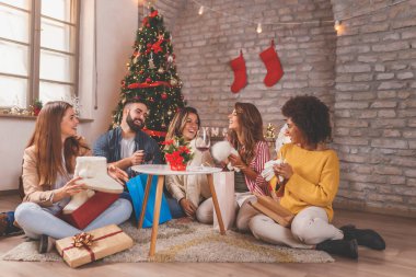 Bir grup genç arkadaş kış tatilini evde birlikte geçirip, güzelce süslenmiş Noel ağacının yanında oturarak, Noel hediyelerini değiş tokuş ederek ve açarak eğleniyorlar.