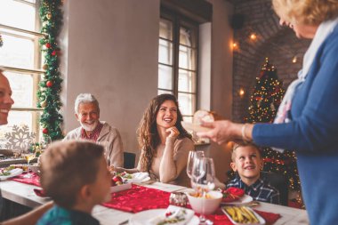 Aile masanın etrafında toplanmış Noel yemeğini birlikte yiyorlar, birbirleriyle konuşuyorlar ve gülüyorlar. Bu sırada yaşlı kadın masaya yemek koyuyor.