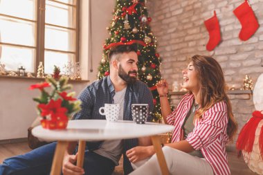 Güzel, genç ve aşık bir çift Noel ağacının yanında oturmuş Noel 'i evde kutluyor, kahve içiyor ve birlikte vakit geçiriyorlar.