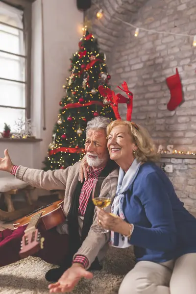 Mutlu son sınıf çifti Noel 'i evde kutluyor, güzel dekore edilmiş bir Noel ağacının yanında oturuyor gitar çalıyor, Noel şarkıları söylüyor ve şarap içiyor.