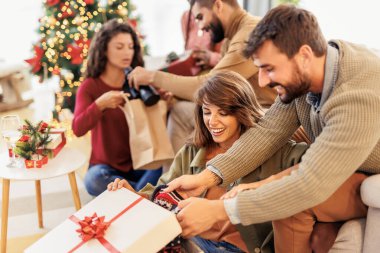 Bir grup neşeli genç arkadaş Noel 'i evde birlikte geçiriyorlar, hediyeleri değiş tokuş edip açarak eğleniyorlar.