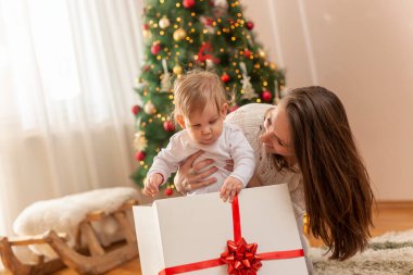 Anne ve çocuk Noel günü evde eğleniyor, güzel dekore edilmiş Noel ağacının yanında oturuyor, hediyeleri açıyor.