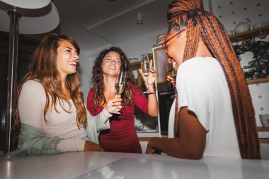 Yeni yıl arifesini birlikte kutlayan bir grup kadın gece yarısı geri sayımında şampanya kadehleriyle kadeh kaldırıyor.