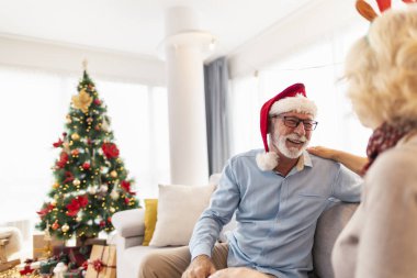 Üst düzey bir çift kanepeye oturmuş Noel ağacını süslüyor ve Noel 'i evde kutluyorlar.