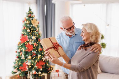 Güzel dekore edilmiş Noel ağacının yanında duran mutlu yaşlı çift Noel 'i evde kutluyor, Noel hediyelerini değiş tokuş ediyorlar.