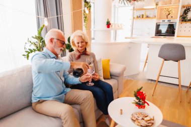 Kış tatillerini birlikte geçirmekten zevk alan mutlu çift, evde Noel 'i kutlarken bir şişe şarap açıp bardaklara dolduruyorlar.