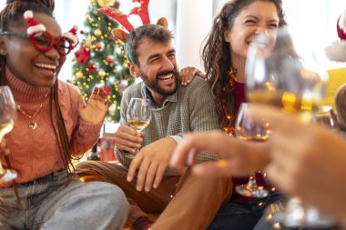 Bir grup genç arkadaş evde birlikte Noel 'i kutlarken şarap içiyor, gülüyor ve eğleniyorlar.