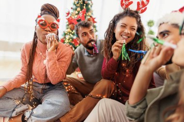 Bir grup arkadaş kış tatillerini evde birlikte geçiriyorlar, parti düdüğü çalıyorlar ve yılbaşı partisine hazırlanıyorlar.