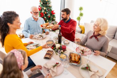 Güzel, mutlu bir aile masanın etrafında toplanmış, evde hep birlikte Noel yemeği yiyor, bulaşıkları birbirine dağıtıyor, konuşuyor ve gülüyor.
