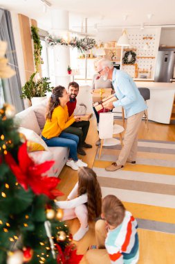 Mutlu çok nesilli aile Noel için evde toplandı, evde Noel 'i kutluyor, hediyeleri değiş tokuş ediyor ve açıyorlar.