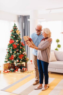 Güzel dekore edilmiş Noel ağacının yanında duran mutlu yaşlı çift Noel 'i evde kutluyor, Noel hediyelerini değiş tokuş ediyorlar.