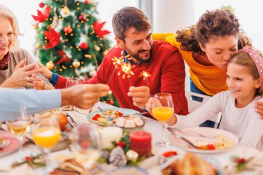 Güzel, mutlu bir aile masanın etrafında toplanmış evde Noel yemeği yiyor, maytaplarla el sallayarak eğleniyorlar.