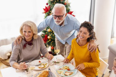 Mutlu aile Noel 'i kutluyor, evde birlikte yemek yiyor, Noel ağacının yanında masada oturuyor, anne ve baba Noel' i kızıyla kutluyor.