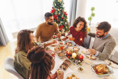 Bir grup neşeli genç arkadaş evde birlikte Noel yemeği yiyor, maytaplarla el sallıyor ve kadeh kaldırıyor.