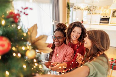Bir grup neşeli genç kız arkadaş kışı birlikte geçiriyorlar, Noel ağacı süslüyorlar ve Noel ve yeni yıl için evlerini dekore ediyorlar.