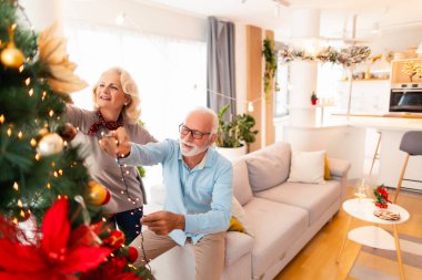 Mutlu son sınıf çifti Noel için evi dekore ediyor, Noel ışıklarını ayarlıyor ve kış tatilinde evde eğleniyor.