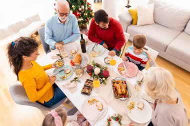 Masanın etrafında toplanmış güzel ve mutlu bir aile Noel yemeğini hep birlikte evde yiyor.