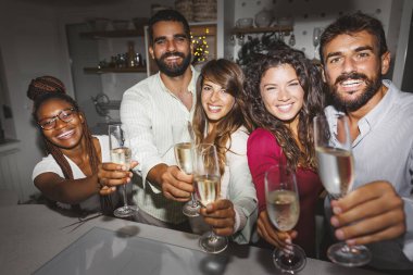 Bir grup genç arkadaş kadeh kaldırıyor. Yeni yıl partisinde kadeh kaldırıyorlar. Gece yarısı partisinde.