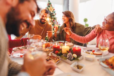 Bir grup neşeli genç arkadaş evde birlikte Noel yemeği yiyor, maytaplarla el sallıyor ve kadeh kaldırıyor.