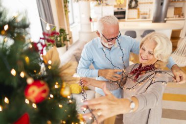Mutlu son sınıf çifti Noel ağacını süslüyor, üzerine Noel ışıkları yerleştiriyor ve kış tatilinde evde eğleniyorlar.