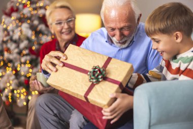 Mutlu çok nesilli aile Noel 'i evde birlikte geçirir. Büyükbabalar torunlarına Noel hediyesi verir.