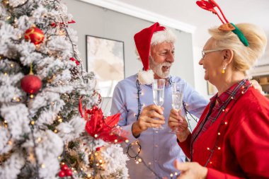 Mutlu yaşlı çift Noel 'i kutlarken evde dinleniyor, kadeh kaldırıyor, güzelce süslenmiş Noel ağacıyla şampanya içiyor ve sarılıyor.
