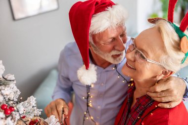 Mutlu son sınıf çifti Noel ağacını süslüyor, üzerine Noel ışıkları yerleştiriyor ve kış tatilinde evde eğleniyorlar.
