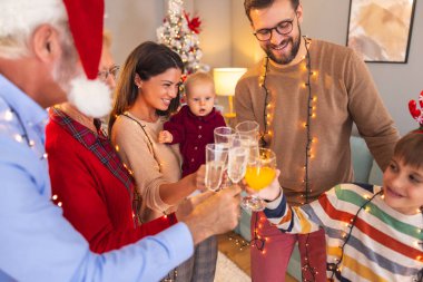 Güzel, mutlu, çok nesildir Noel 'i evde kutlayan aile kadeh kaldırırken şampanya kaldırırken eğleniyor.