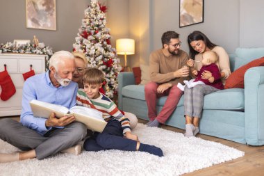 Mutlu çok nesilli aile Noel 'i evde birlikte geçirir. Büyükbabalar torunlarına eski fotoğraf albümlerini gösterirken ebeveynler bebeği besler.