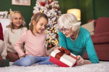 Büyükannem ve büyükbabam Noel 'i torunlarımla evde geçiriyorlar. Büyükannem de torunuma Noel hediyesi veriyor.