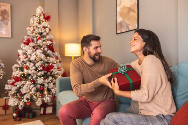 Mutlu çift Noel hediyelerini paylaşırken Noel 'i evde birlikte geçiriyorlar koca hediyeli sürpriz bir eş.