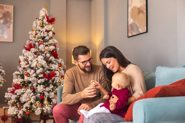 Noel ağacının yanındaki kanepede oturan genç ebeveynler Noel 'i evde birlikte geçirirken bebeği besler.