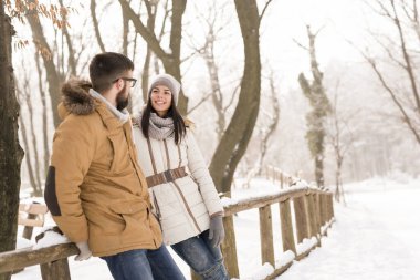 Birbirine aşık bir çift ormanda ahşap bir çitin yanında duruyor, konuşuyor ve güneşli bir kış gününün tadını çıkarıyor.