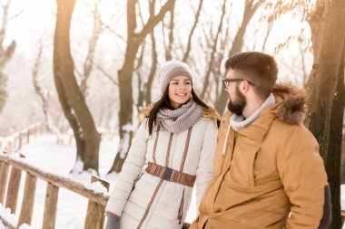 Birbirine aşık bir çift ormanda ahşap bir çitin yanında duruyor, konuşuyor ve dağlarda güzel, güneşli bir kış gününün tadını çıkarıyor.