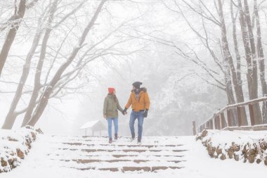 Güzel, birbirine aşık genç bir çift kış gününün tadını çıkarıyorlar. Kış tatilinde ormanda yürüyüş yapıyorlar.
