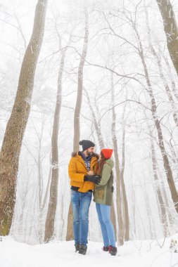 Güzel, birbirine aşık genç bir çift kış gününün tadını çıkarıyorlar. Kış tatilinde ormanda yürüyüş yapıyorlar.