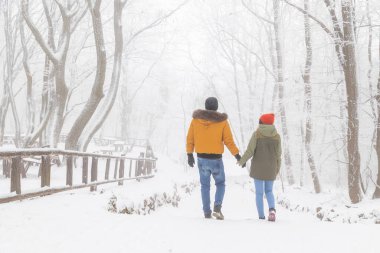 Güzel, birbirine aşık genç bir çift kış gününün tadını çıkarıyorlar. Kış tatilinde ormanda yürüyüş yapıyorlar.