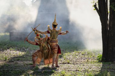 Pantomim (Khon) Wat Ma Hea Yong, Ayutthaya, Tayland 'da Ramakien' den (Ramayana) geleneksel Tayland klasik maskeli oyun sahneleridir.