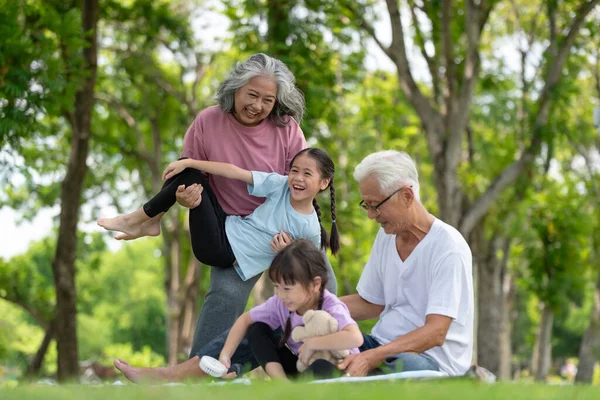 Щасливі Азіатські Сімейні Діти Розважаються Граються Своїми Дідусем Бабусею Парку — стокове фото