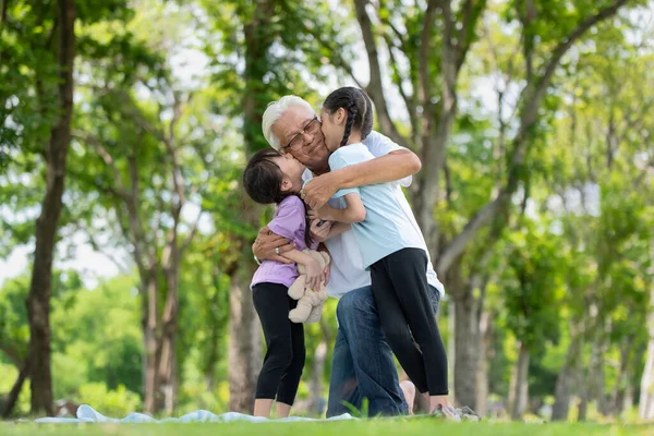 Feliz Família Asiática Crianças Divertindo Beijando Seu Avô Bochecha Parque Imagem De Stock