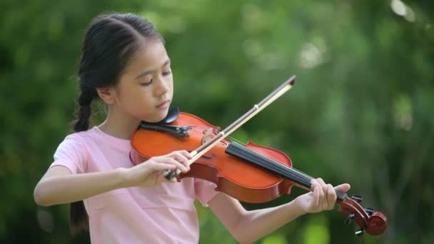 公園でバイオリンを演奏するかわいいアジアの少女 教育音楽コンセプト — ストック動画