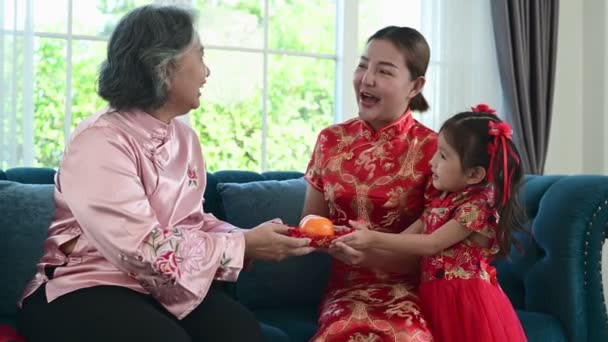 Asiatico Giovane Madre Figlia Indossa Tradizionale Cheongsam Qipao Vestito Portano — Video Stock