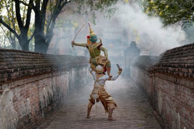 Pantomim (Khon) Wat Ma Hea Yong, Ayutthaya, Tayland 'da Ramakien' den (Ramayana) geleneksel Tayland klasik maskeli oyun sahneleridir.
