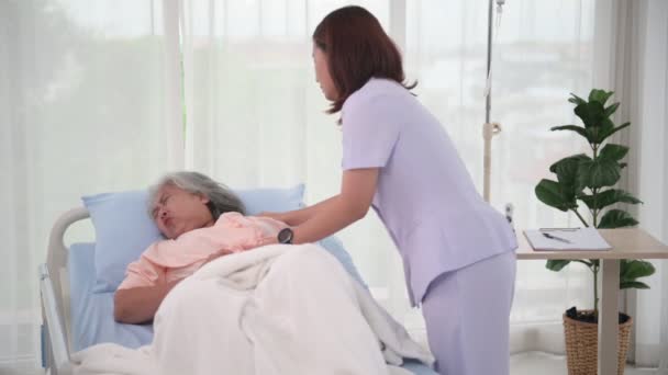 Asian Nurse Helping Senior Asian Female Patient Stomach Ache Bed — Stock Video