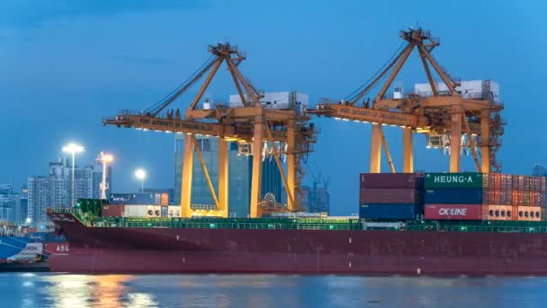 Tidsforsinkelse Containerfragtskib Med Arbejdende Kranbro Skibsværft Ved Tusmørke Med Henblik – Stock-video