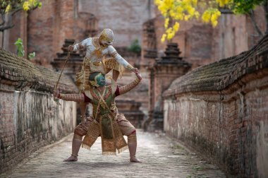 Pantomim (Khon) Wat Ma Hea Yong, Ayutthaya, Tayland 'da Ramakien' den (Ramayana) geleneksel Tayland klasik maskeli oyun sahneleridir.