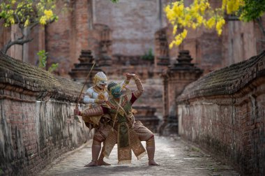 Pantomim (Khon) Wat Ma Hea Yong, Ayutthaya, Tayland 'da Ramakien' den (Ramayana) geleneksel Tayland klasik maskeli oyun sahneleridir.