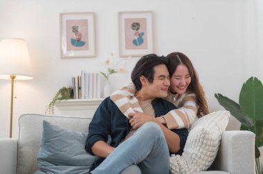 Mutlu genç Asyalı çift sarılıyor, rahat bir kanepede birlikte oturuyor, aşırı mutlu bir şekilde gülen kadın ve erkek eğleniyor, boş vakitlerin tadını çıkarıyor, evdeki oturma odasında kanepede dinleniyor, iyi bir ilişki içinde.