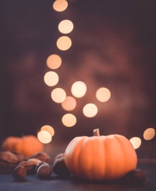 Sonbahar balkabakları ve sonbahar süslemeleri kırsal bir arka planda ışıkla aydınlatılmış